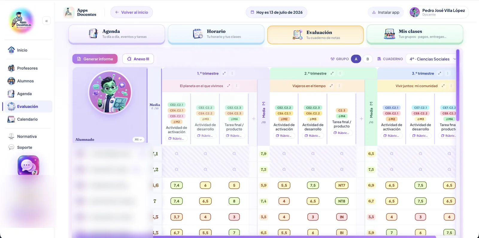 Cuaderno de Evaluación por competencias: notas por criterio, situaciones de aprendizaje y media por trimestre, con generación de informes