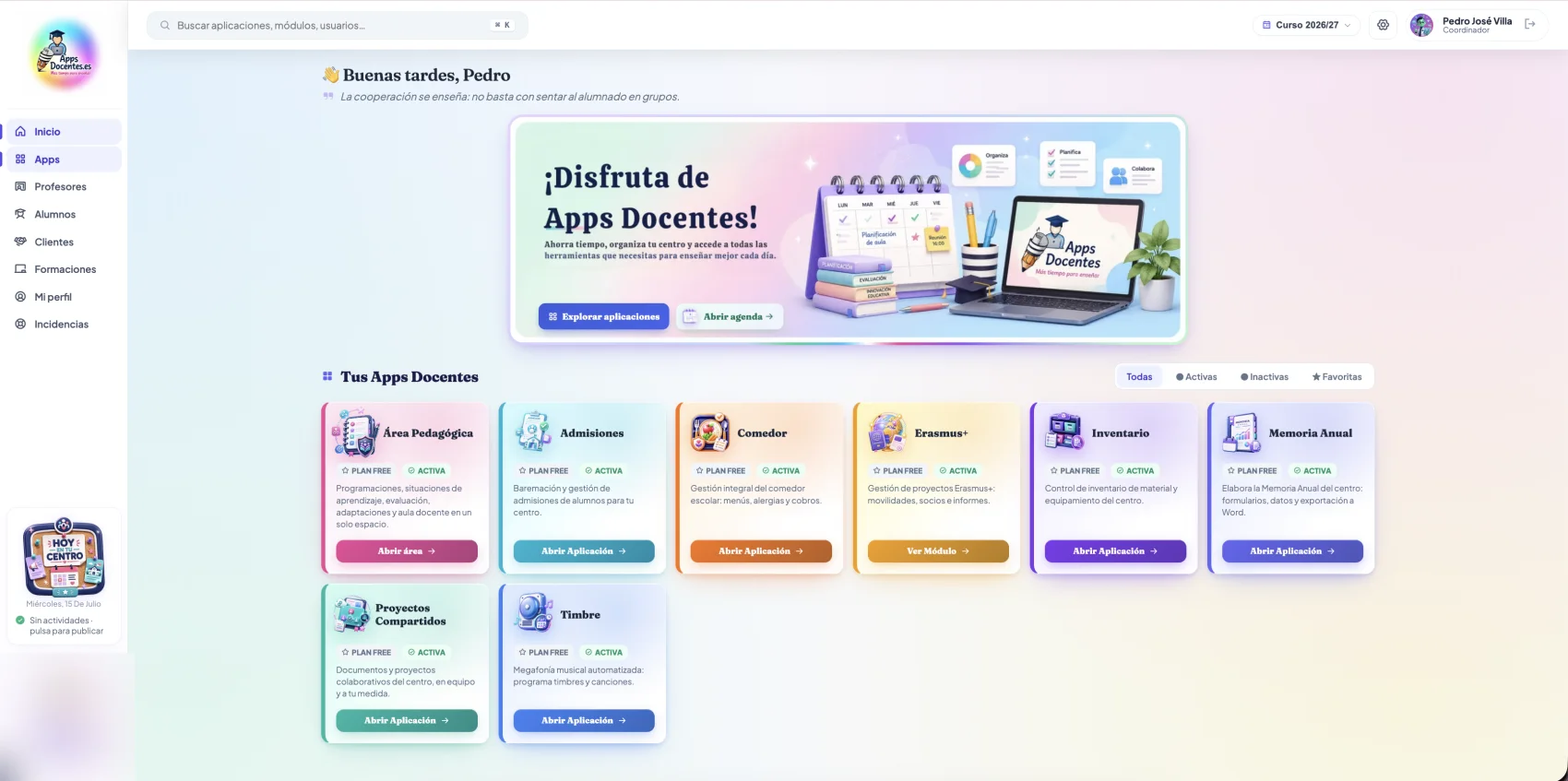 Panel de AppsDocentes: todo tu centro mejor organizado — apps, agenda, evaluación y gestión en un único lugar