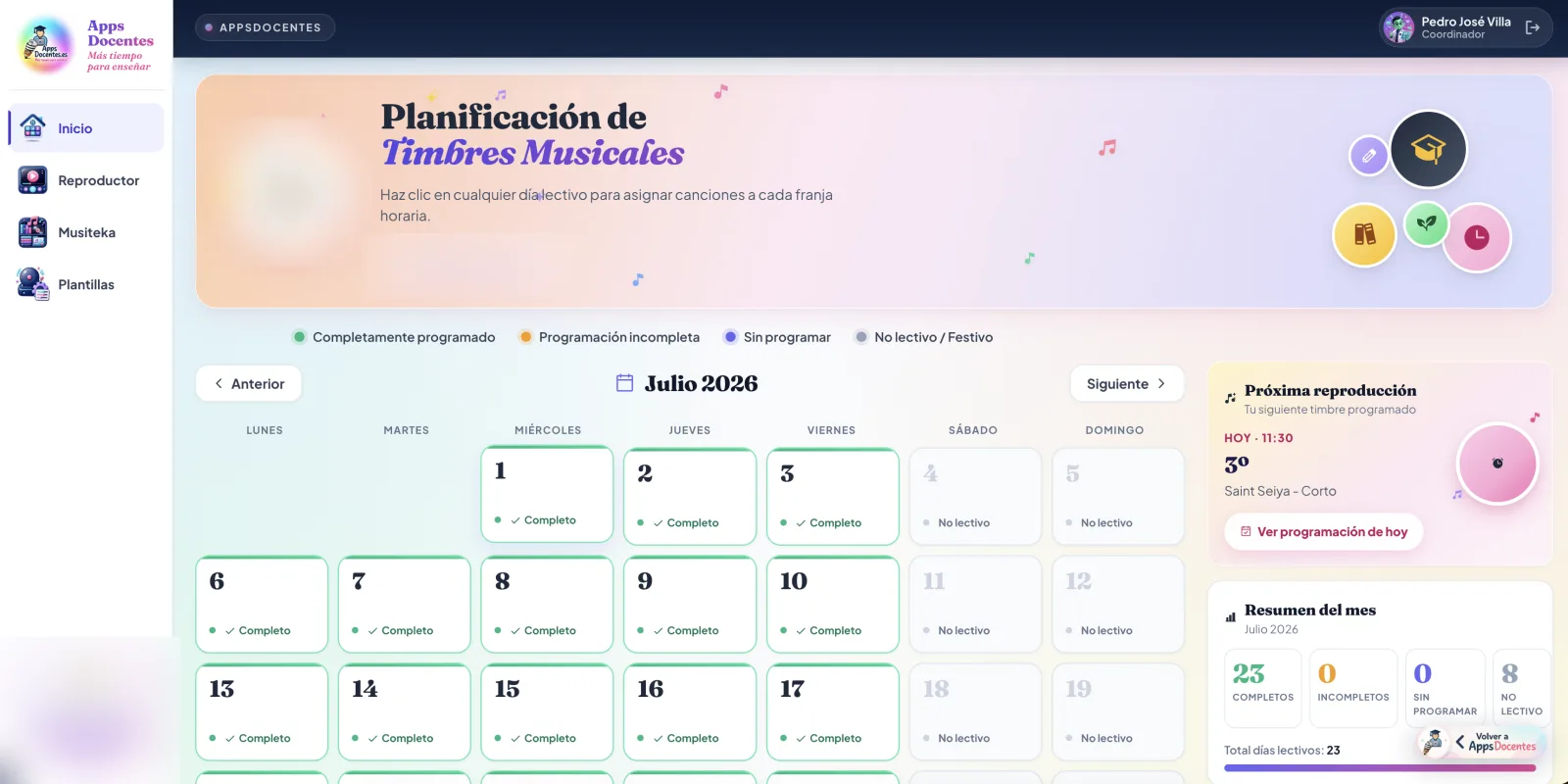 Gestor de Megafonía: planificación de timbres musicales por día lectivo, reproductor y resumen mensual